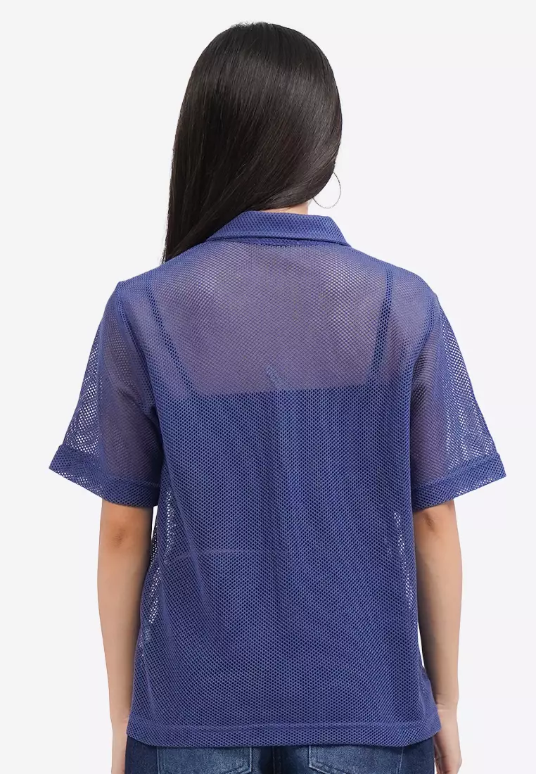 Short Sleeve Button Up Mesh Top