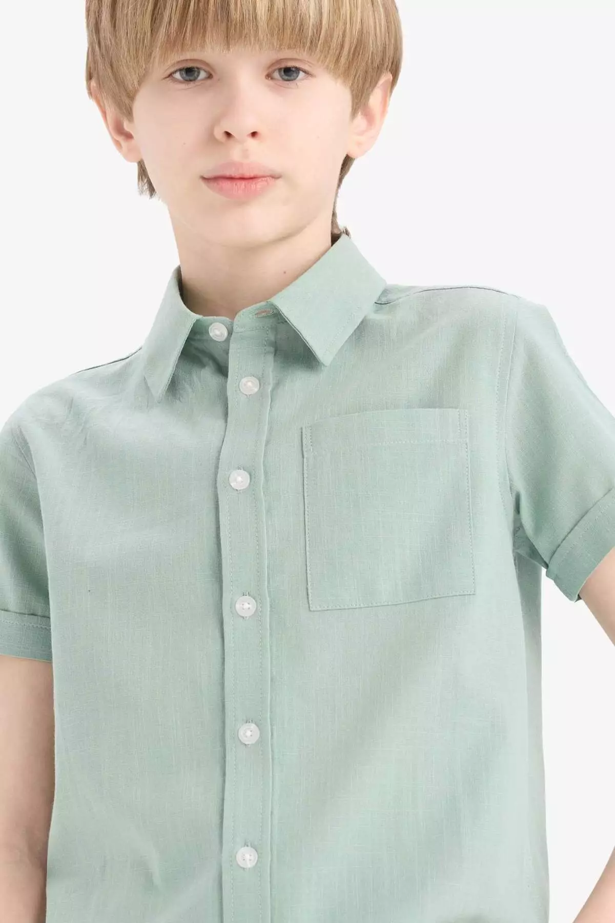 Boy's Polo Neck Linen Look Basic Plain Short Sleeve Shirt Z3204A625Sm