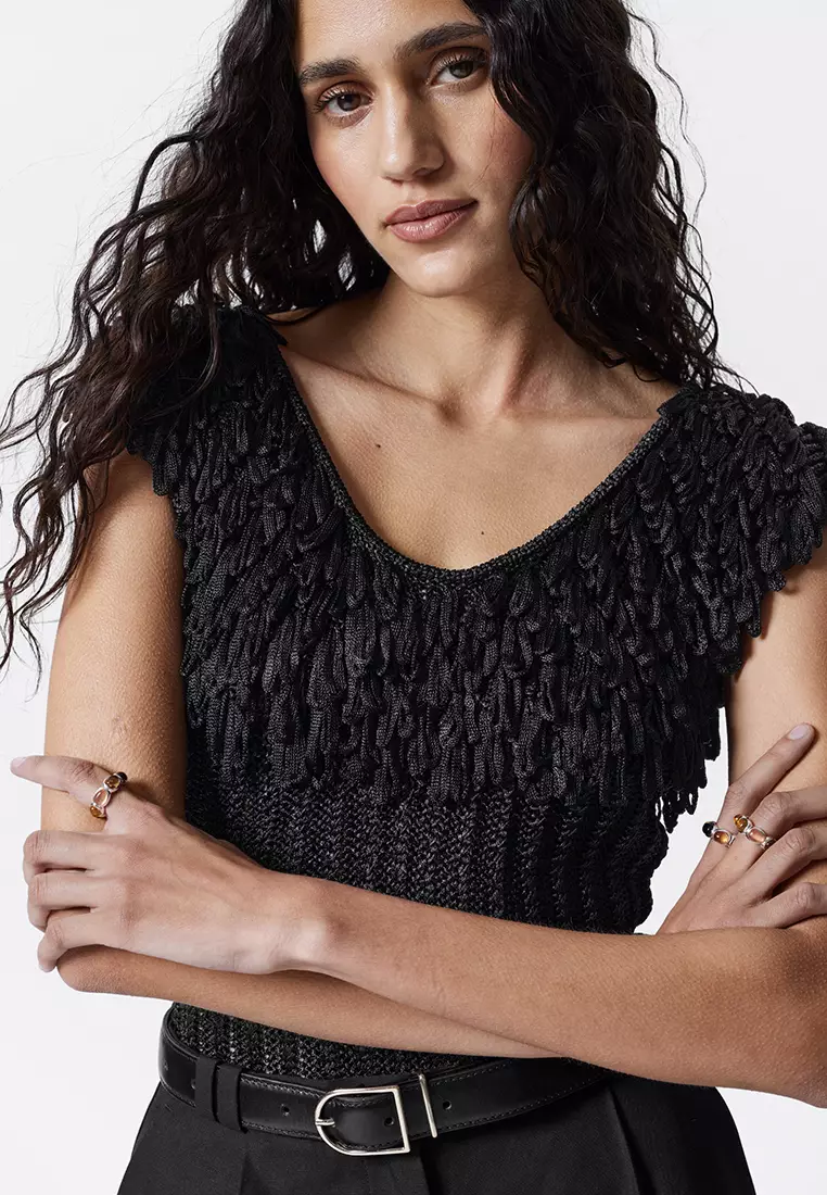 Fringed Rib-Knit Top