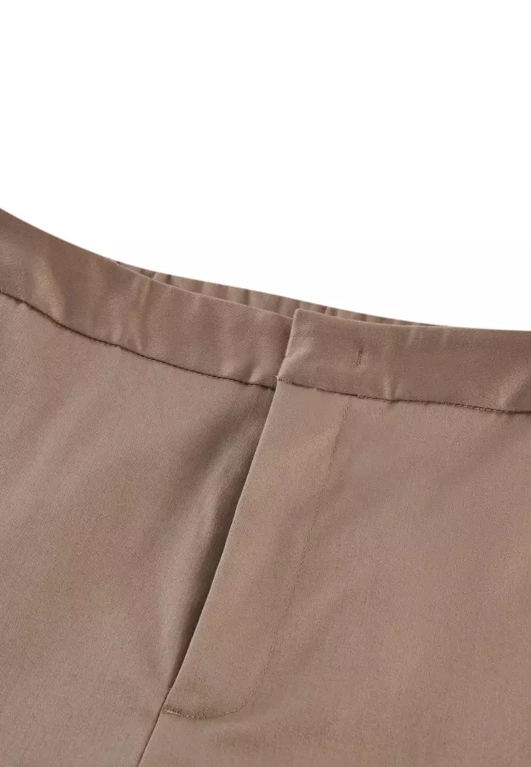 Cotton Blend Spandex Satin Cropped Cigarette Pants With Elastic Waistband