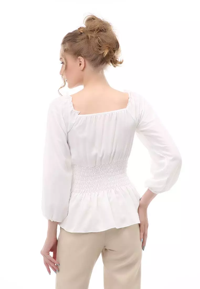 Cheva Blouse Atasan Wanita Sabrina Karet Pinggang Lengan Panjang Casual Shirt Long Sleeve Material Wolfis ORIGINAL