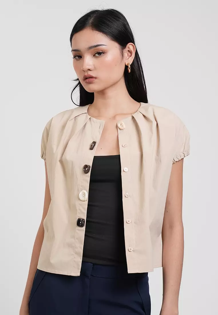 Nyra Pleated Neckline Multi-Tone Button Top