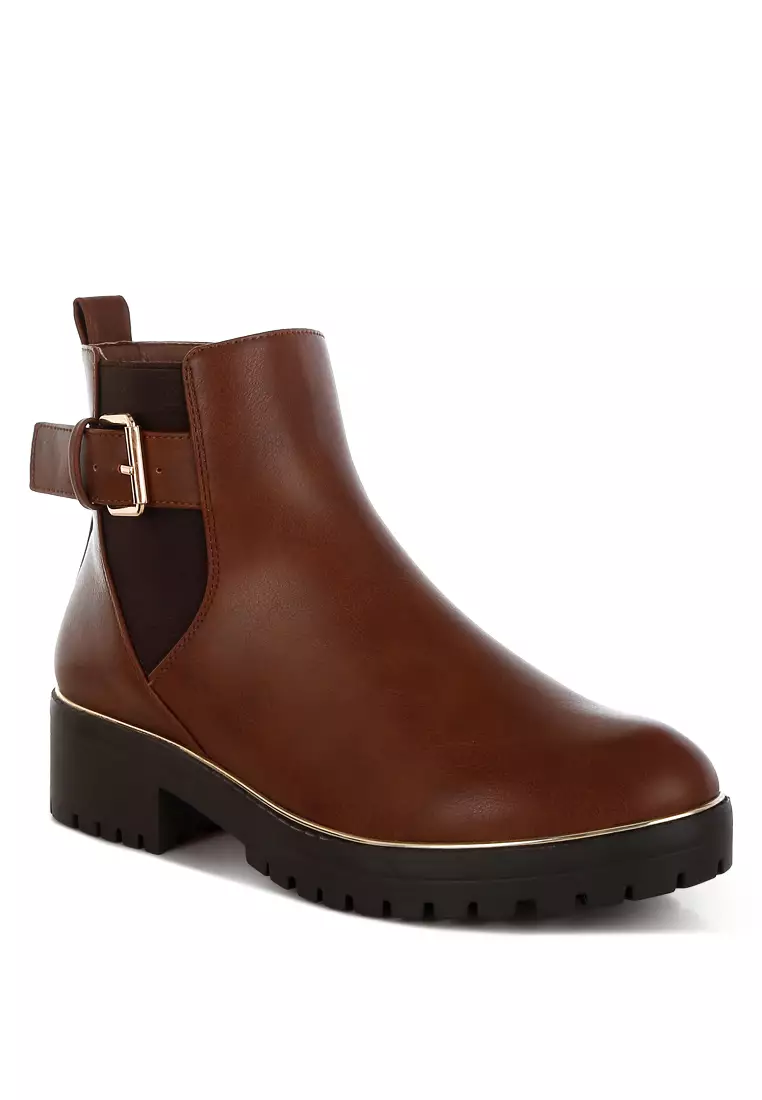 Chunky Buckle Detail Ankle Boots in Tan