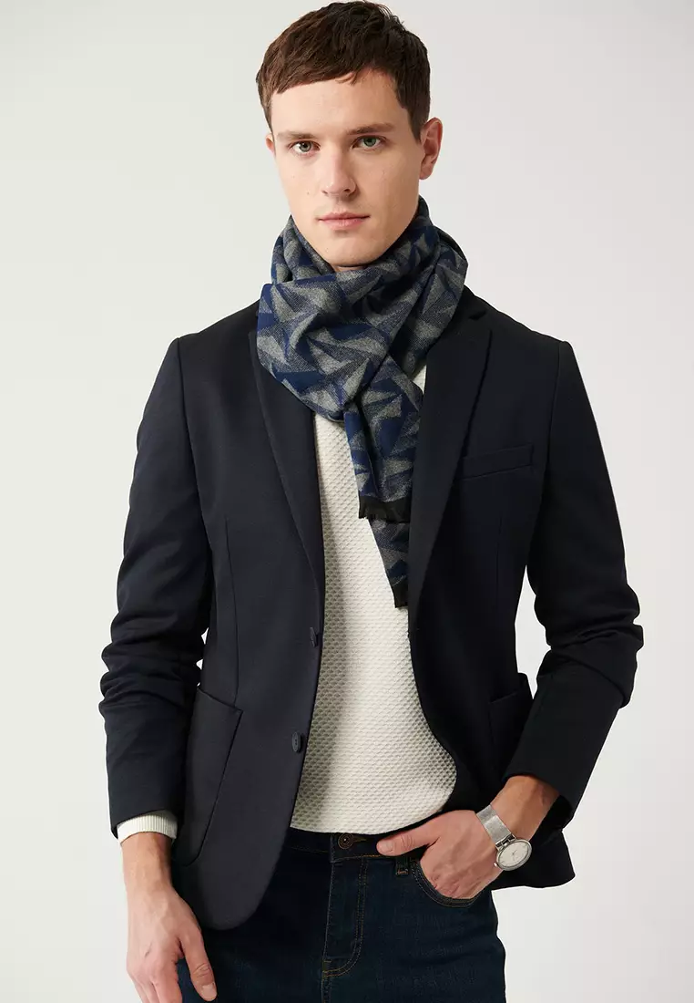 Men's Navy Blue Mono Collar Double Slit Unlined Knitted Jacket B004001