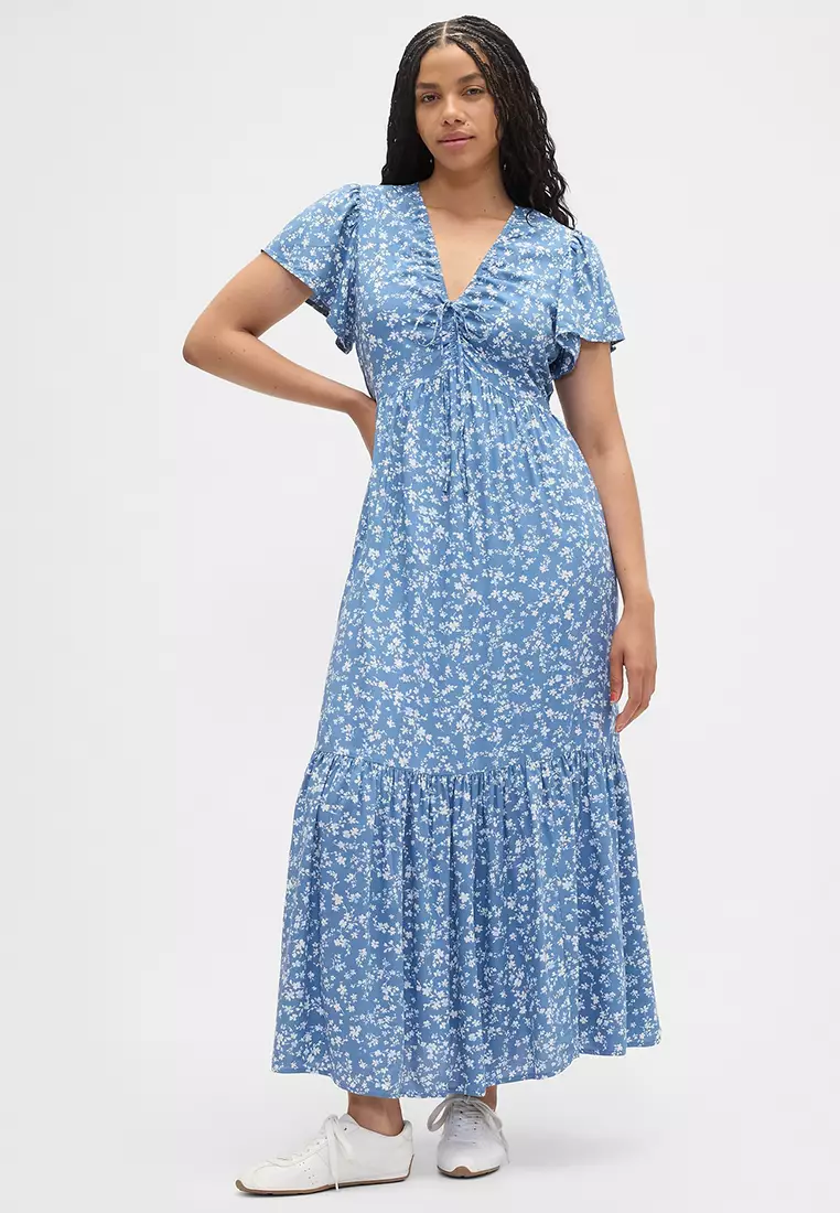 Short Sleeve V-Neck Ruched Maxi Dress