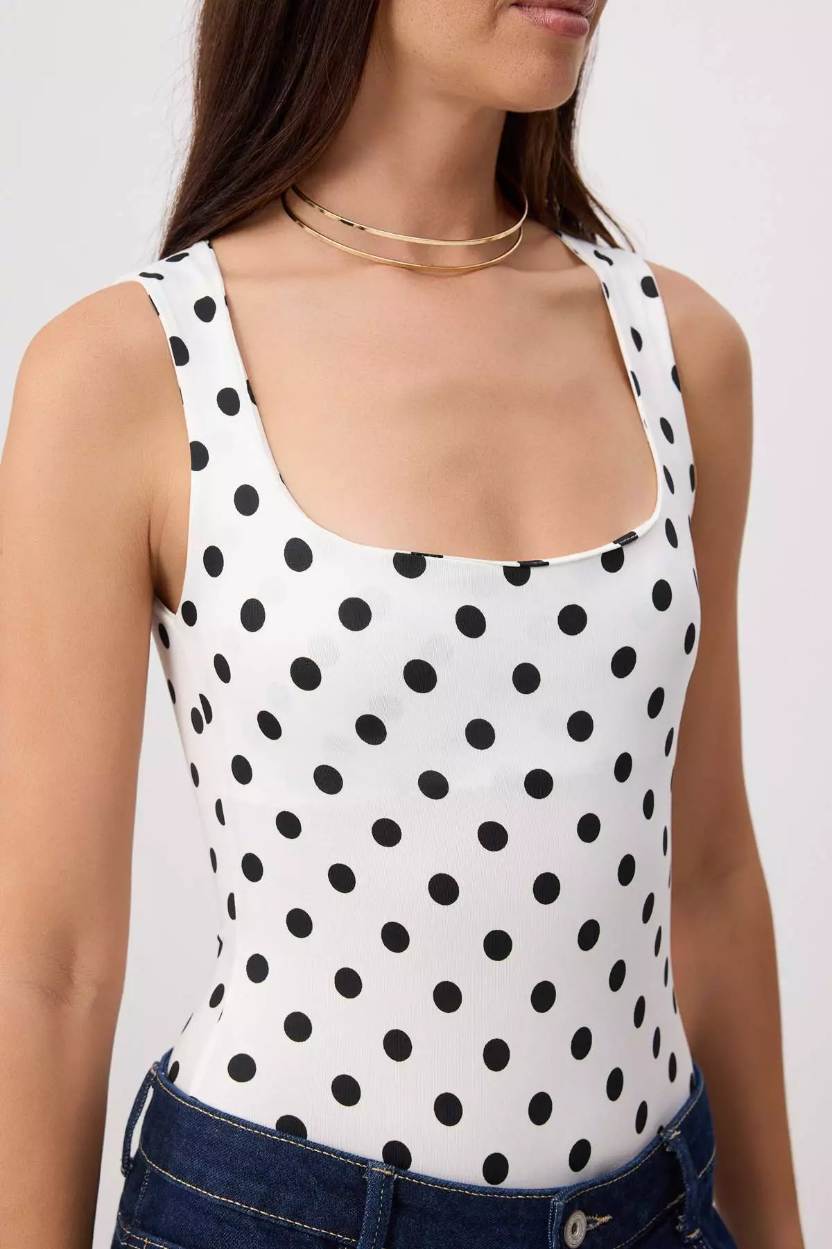 Ecru Polka Dot Fitted Pool Neckline Sleeveless Snap Fastener Stretchy Knitted Bodysuit Twoss26Bd00034