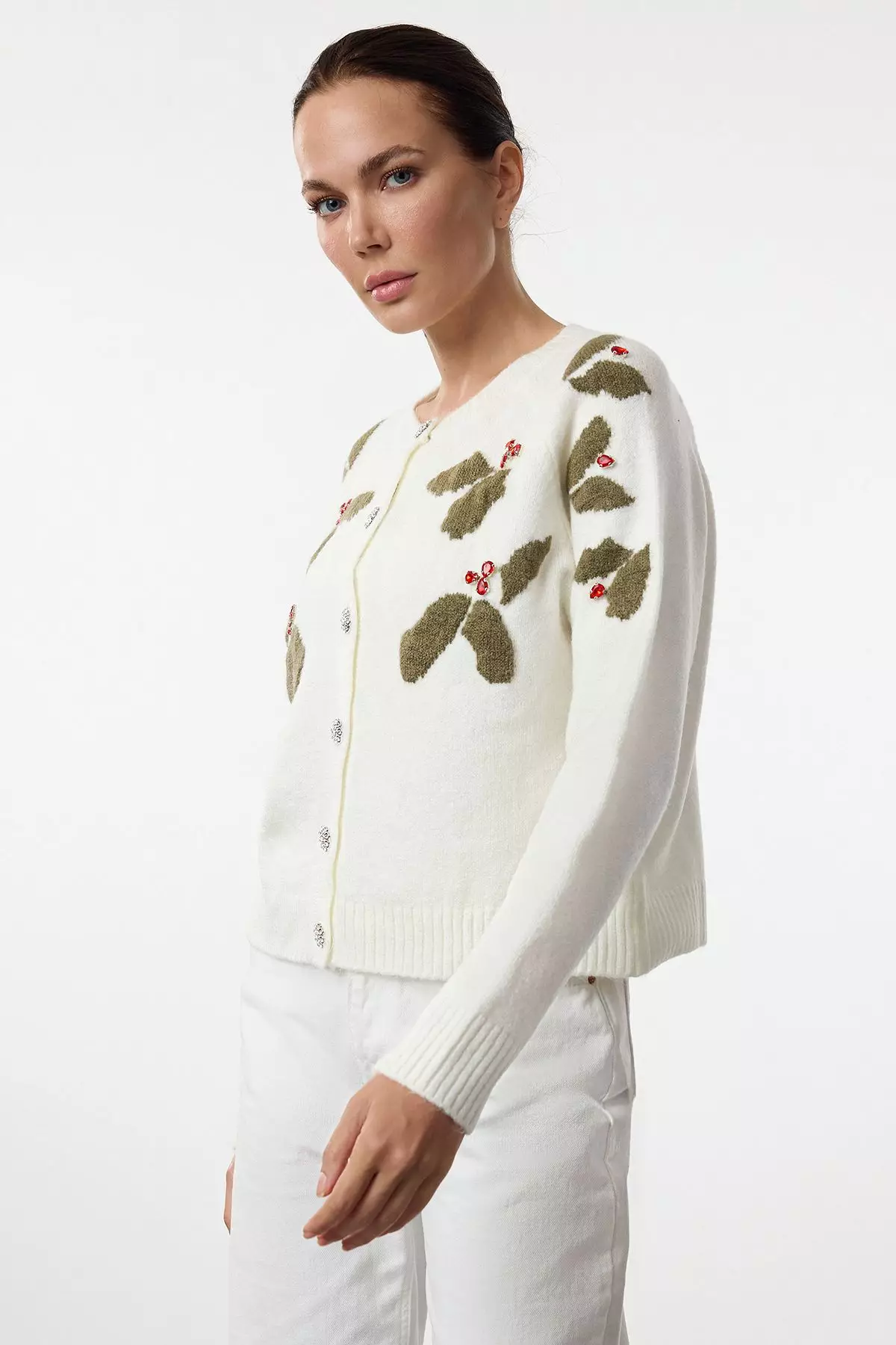 Ecru New Year Themed Soft Texture Button Detailed Stone Embroidered Knitted Cardigan TWOAW25HI00343
