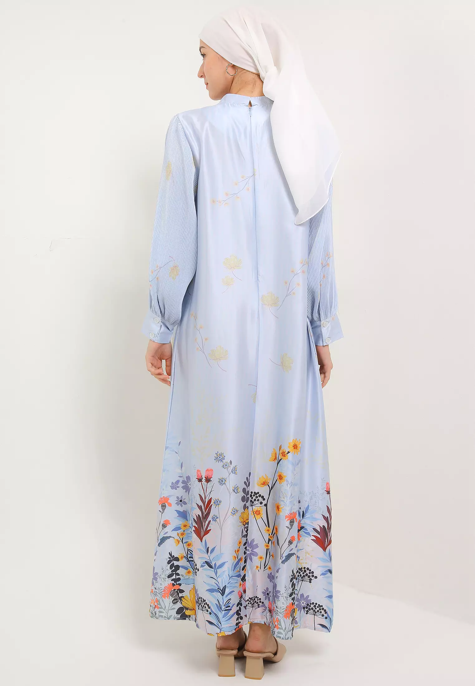 MFMW Madelyn Dress Gamis Satin Blue Motif Bunga