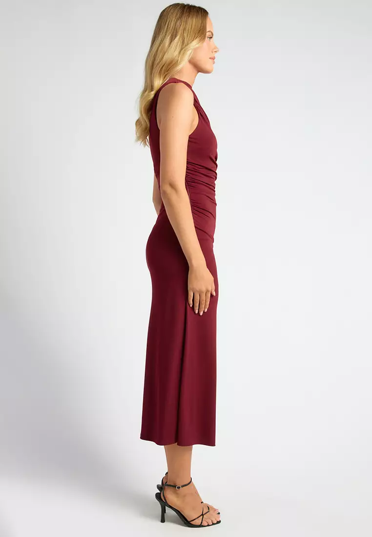 Ruched Detail Racer Jersey Dress With Side Slit
