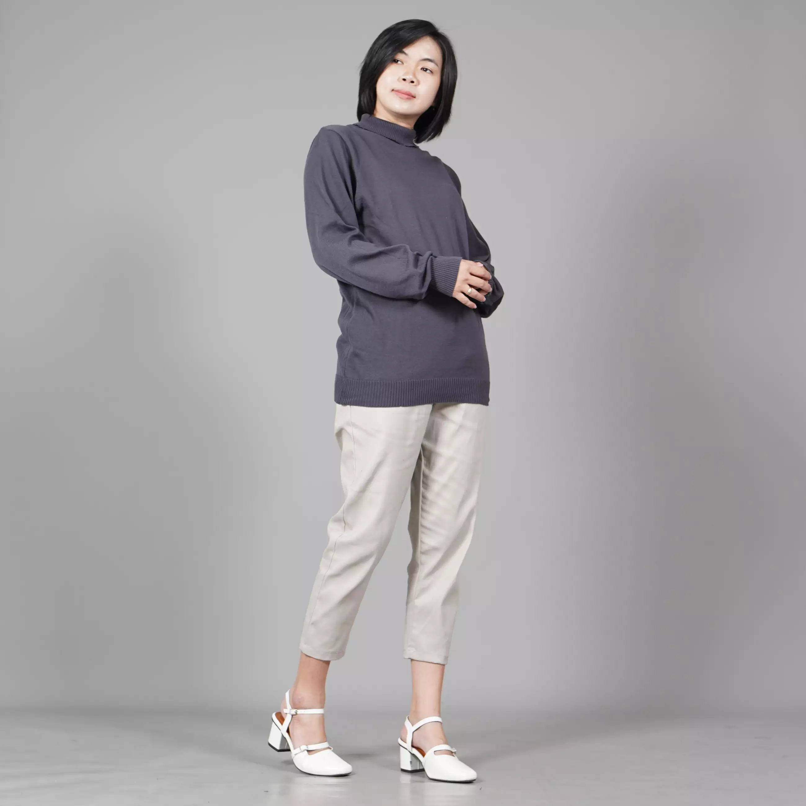  JEHOON High Neck Knit Outer Wanita Knit Turtle Neck Wanita Sweater Rajut - ABU TUA