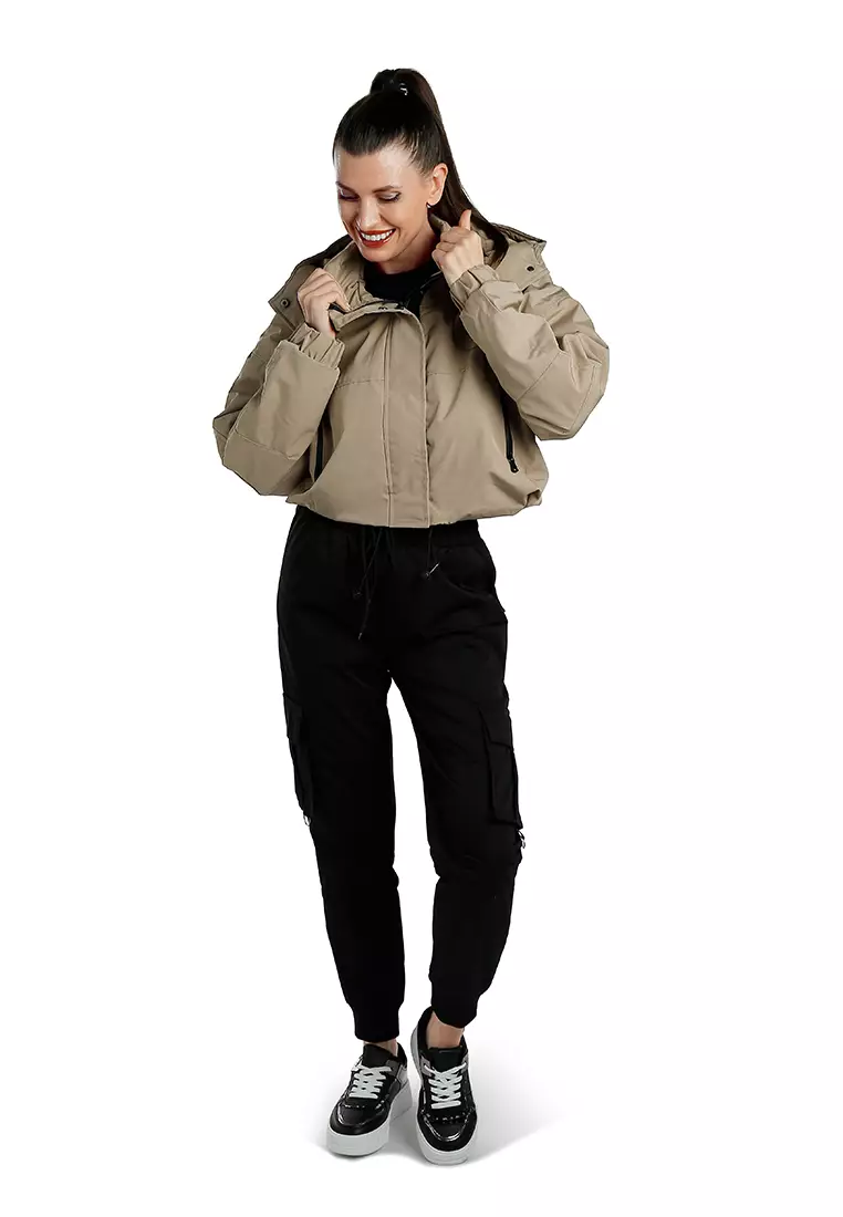 Drawstring Cropped Woven Jacket in Khaki