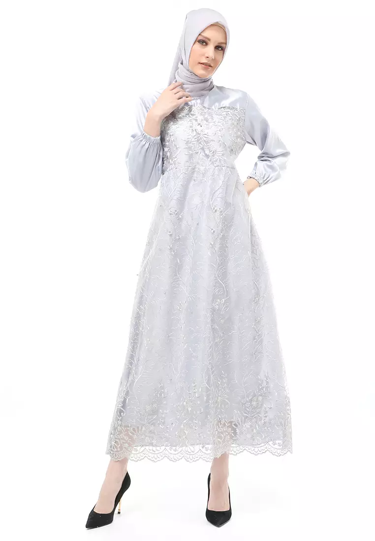 Monita Gamis Brokat Tile Wanita Muslimah Regular Fit - Grey