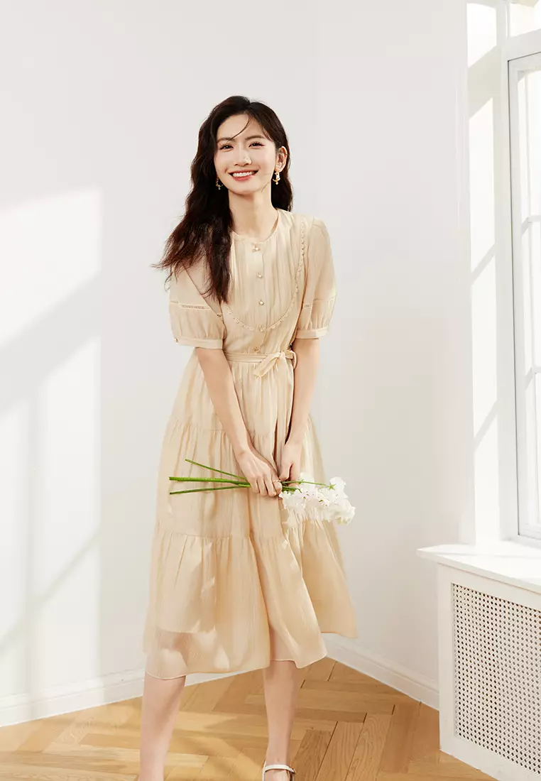 Pleated Button-Front Puff Sleeve Dress