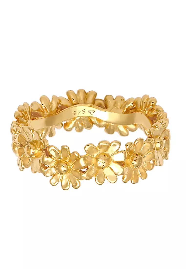 Cincin Perhiasan Perak 925 Wanita Flower Boho Look Gold Plated