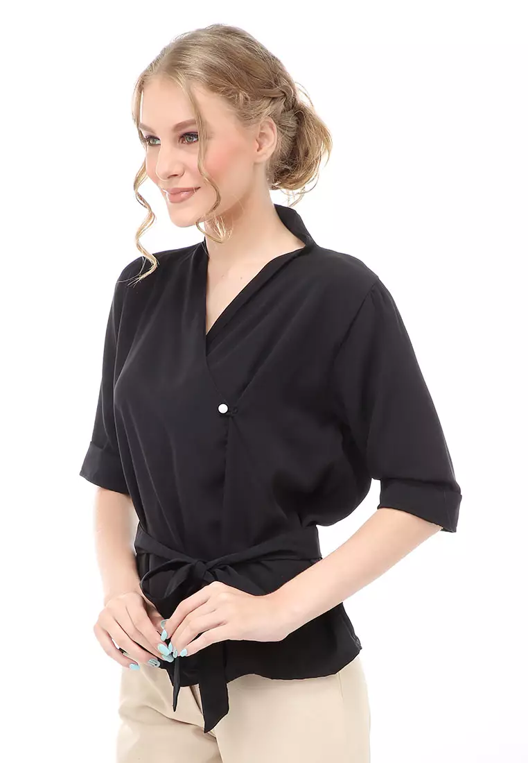 Cheva Blouse Atasan Wanita Kasual Model Tali Ikat Pinggang Material Wolfis ORIGINAL - Black
