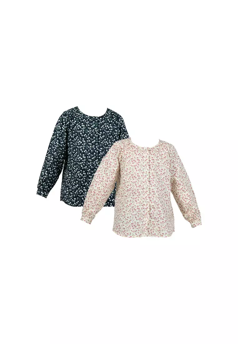 Forest Kids Girls Floral Pattern Cotton Button Blouse Woven Long Sleeve Top - FK820084-66LtYellow