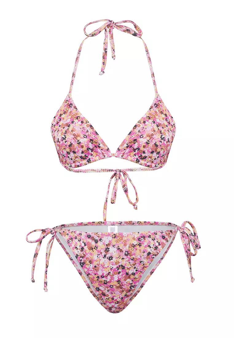 Buy Trendyol Floral Patterned Triangle Tied Textured Regular Bikini Set ...