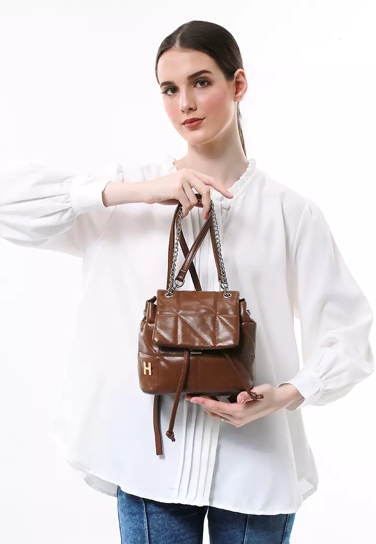 Cellyn Tas Ransel Mini Wanita Strap Kombinasi Rantai Material Leather ORIGINAL - Brown