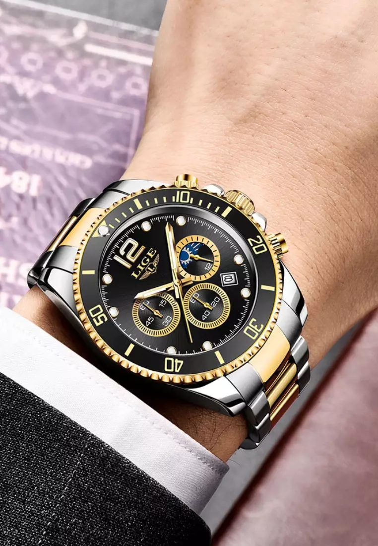 Unisex Chronograph Diver's Stainless Steel Quartz Watch with turning Bezel on Steel Bracelet