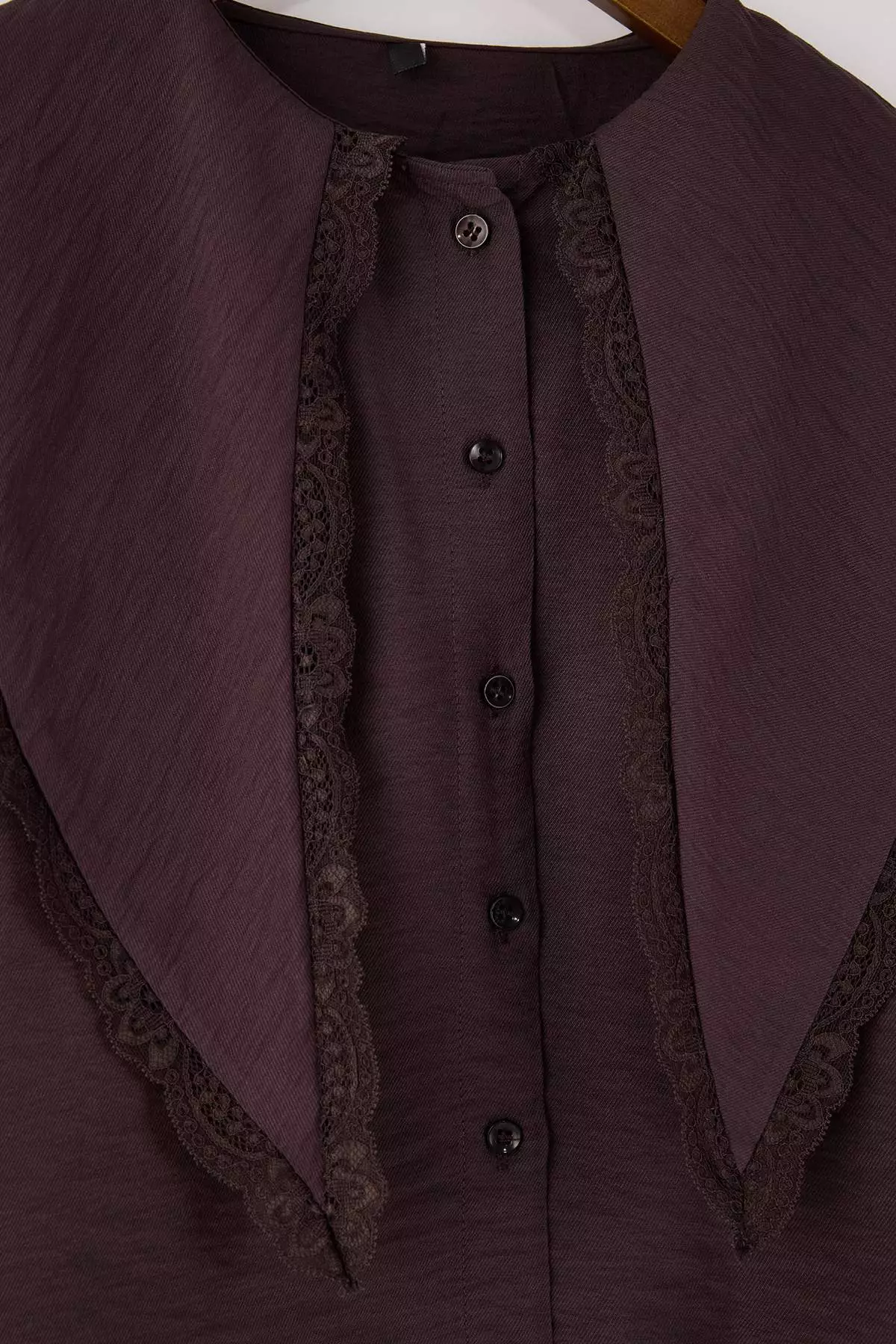 Dark Brown Peter Pan Collar Lace Paneled Soft Keys Shirt Twoss26Go12