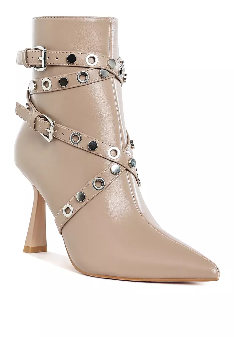 Eyelets & Studs Harness Ankle Boots in Beige