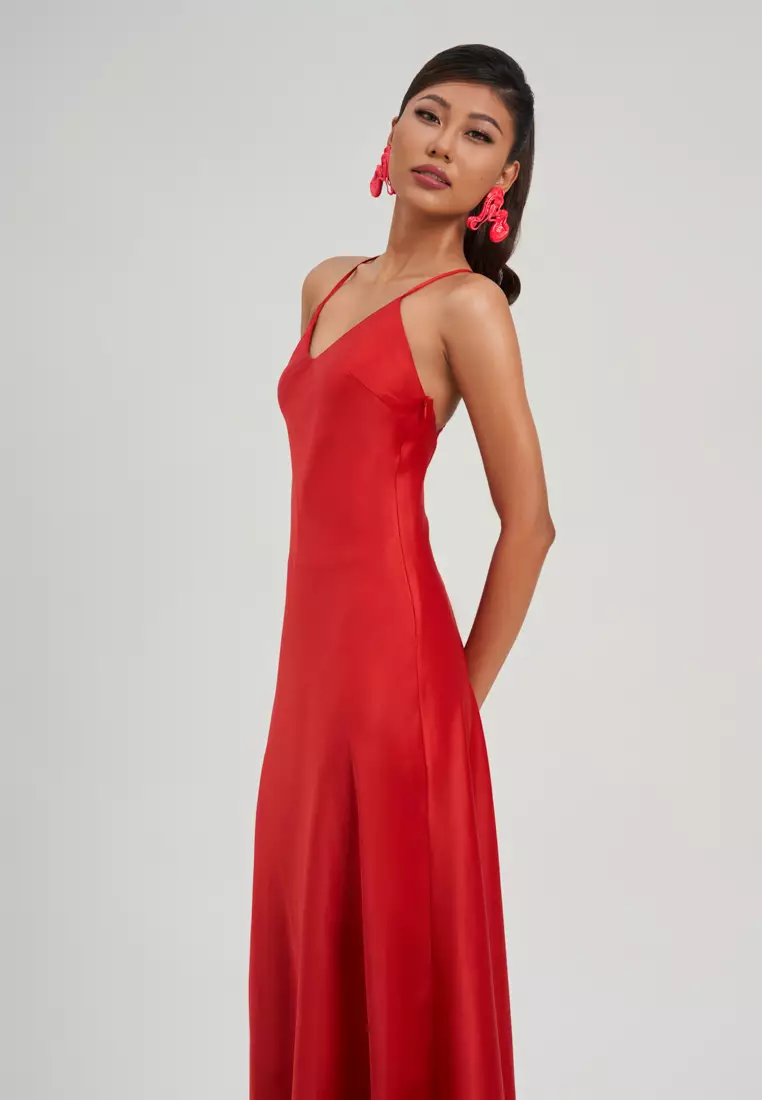 SOLID RED SILK MAXI DRESS