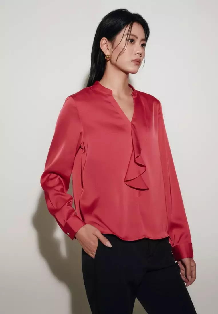 Satin Asymmetric Ruffled Blouse