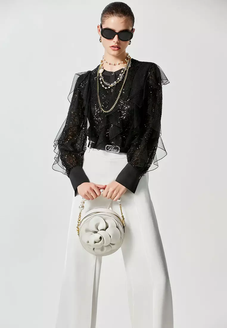 Full Sequin Top With Mesh Ruffle Layer