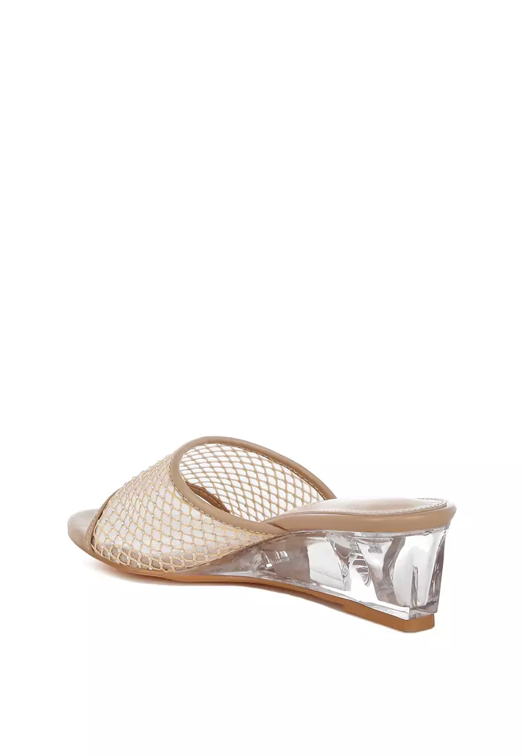 Mesh Clear Heel Wedge Sandals In Beige