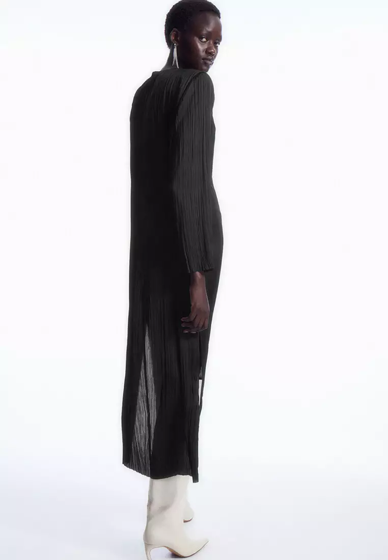 Long-Sleeved Plissé Midi Dress