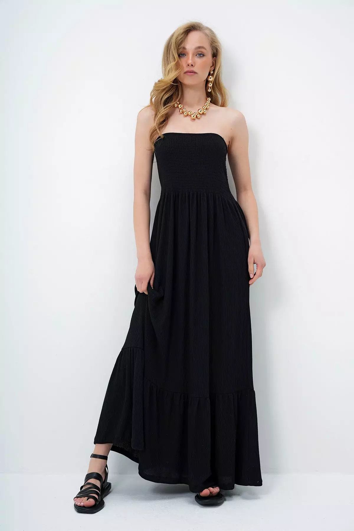 Women's Black Skirt Flounce Summer Long Strapless Dress Alc-X14127