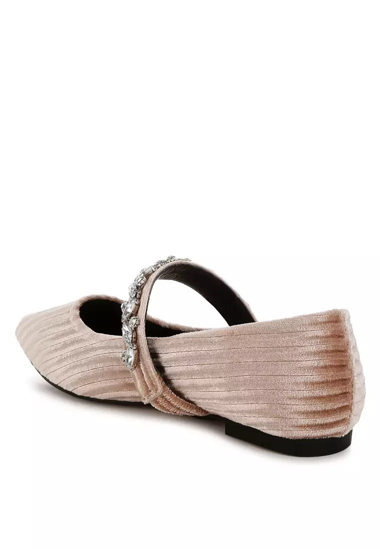 Diamante Brooch Velvet Ballerinas in Beige