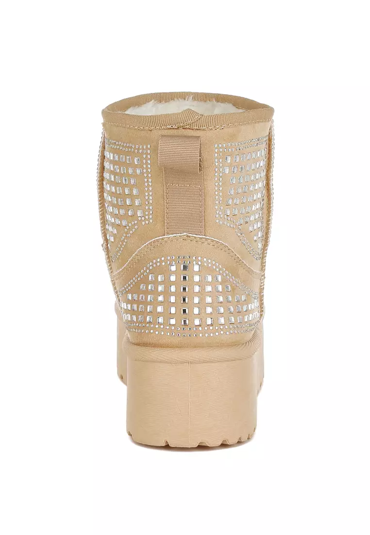 Chunky Rhinestones Ankle Boots in Beige