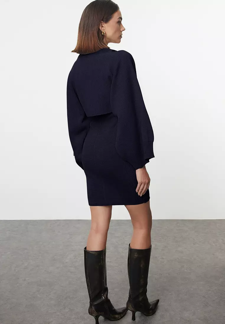 Navy Blue Mini Knitwear Bolero-Dress Suit Twoaw25El00056