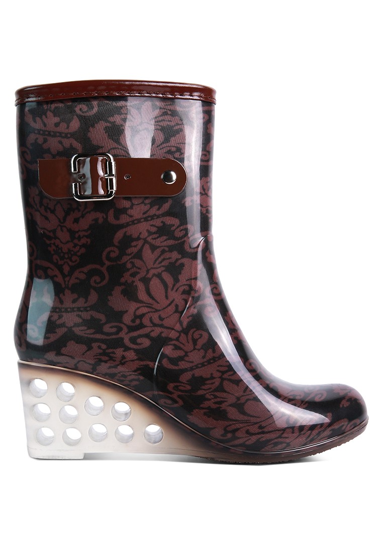 Brown Polka Pattern Clear Wedge Boots