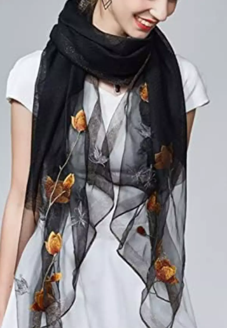 Aksesoris Wanita Golden Thread Tulip Embroidery Flowery Silk Shawl Syal Sutra Wanita Black