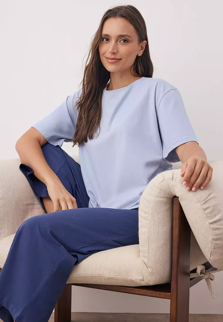 Blue Cotton Capri Knitted Pajama Set Thmaw26Pt00124