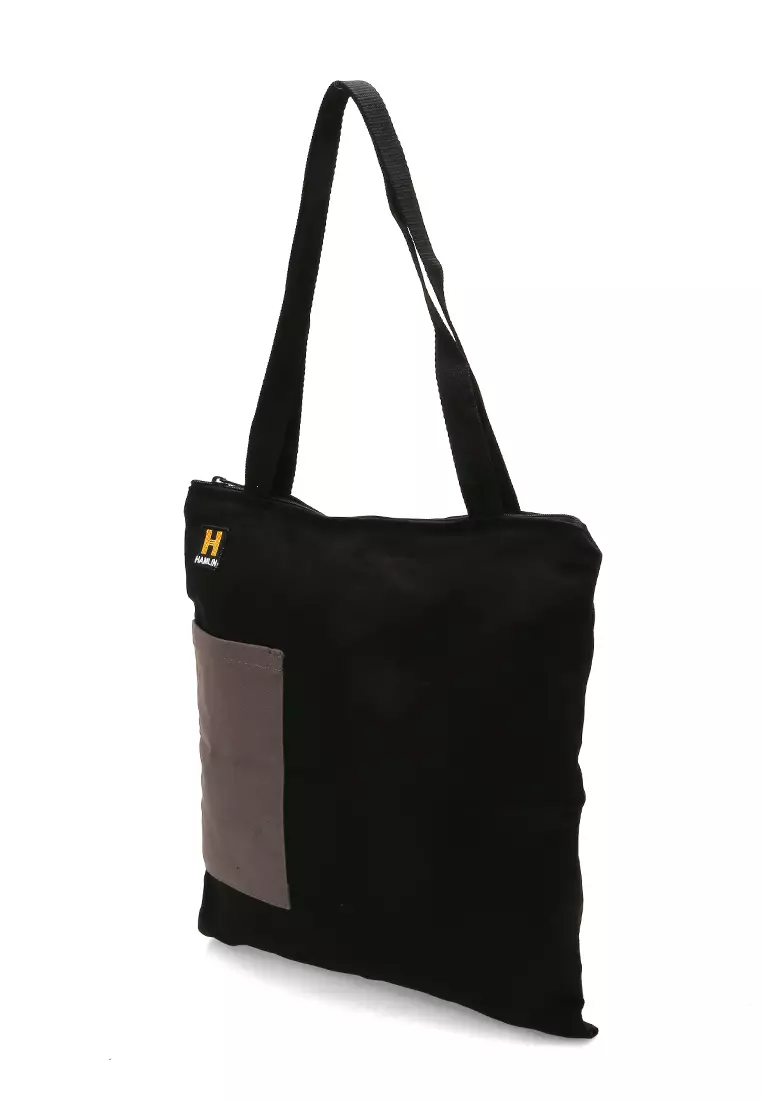 Hamilton Totebag Unisex Kombinasi Warna Large Compartment Material Canvas ORIGINAL - Black