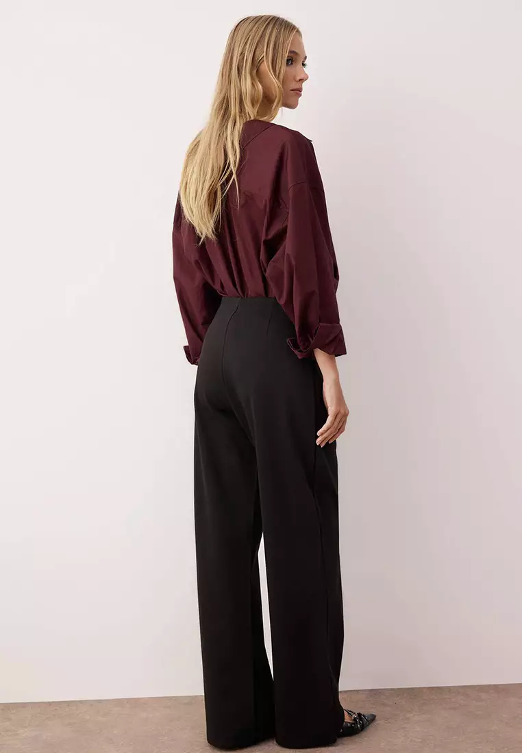 Black Diagonal Pleated Buttoned Wide Leg Knitted Trousers