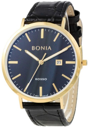Bonia Rosso BNR101-1232 Jam Tangan Pria Leather Strap Hitam Ring Gold Plat Biru