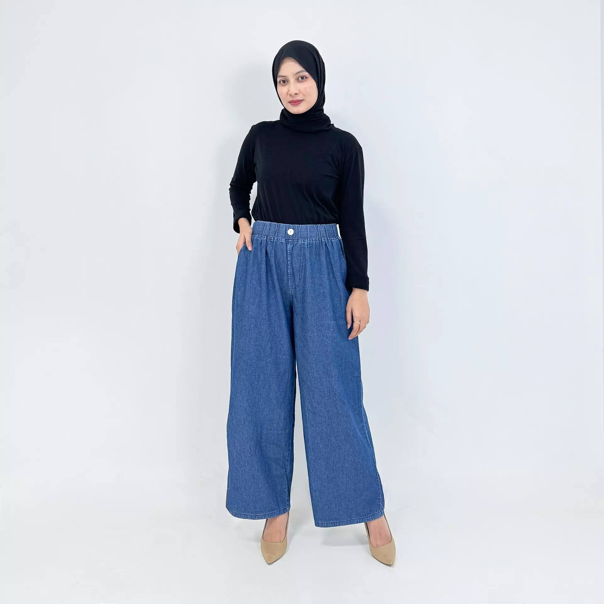 Palazzo Denim Keisya [BIRU] Celana Jeans Wanita Panjang 102 cm
