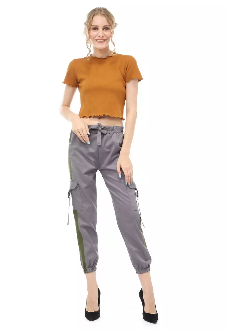 Jourel Celana Panjang Kasual Wanita Jogger Cargo Pants Plered Line Material Cotton ORIGINAL - Gray Army