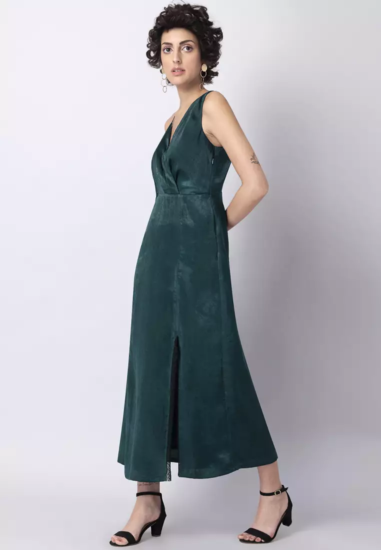 Bottle Green Satin Overlap Asymmetric  Midi Dress