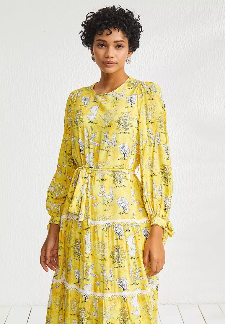 Buy KAYRA Floral Patterned Crew Neck Dress Yellow-White Online | ZALORA ...