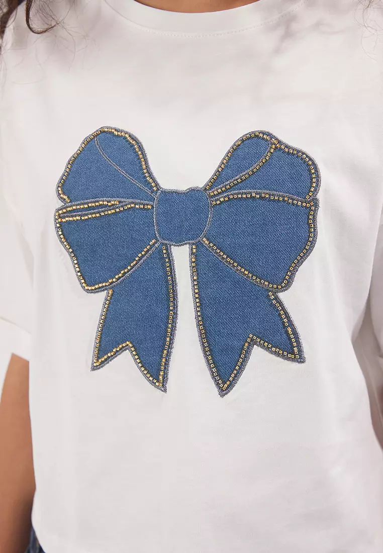 White Bow Embroidered Regular/Normal Pattern Crop Knit T-Shirt TWOSS25TS00132