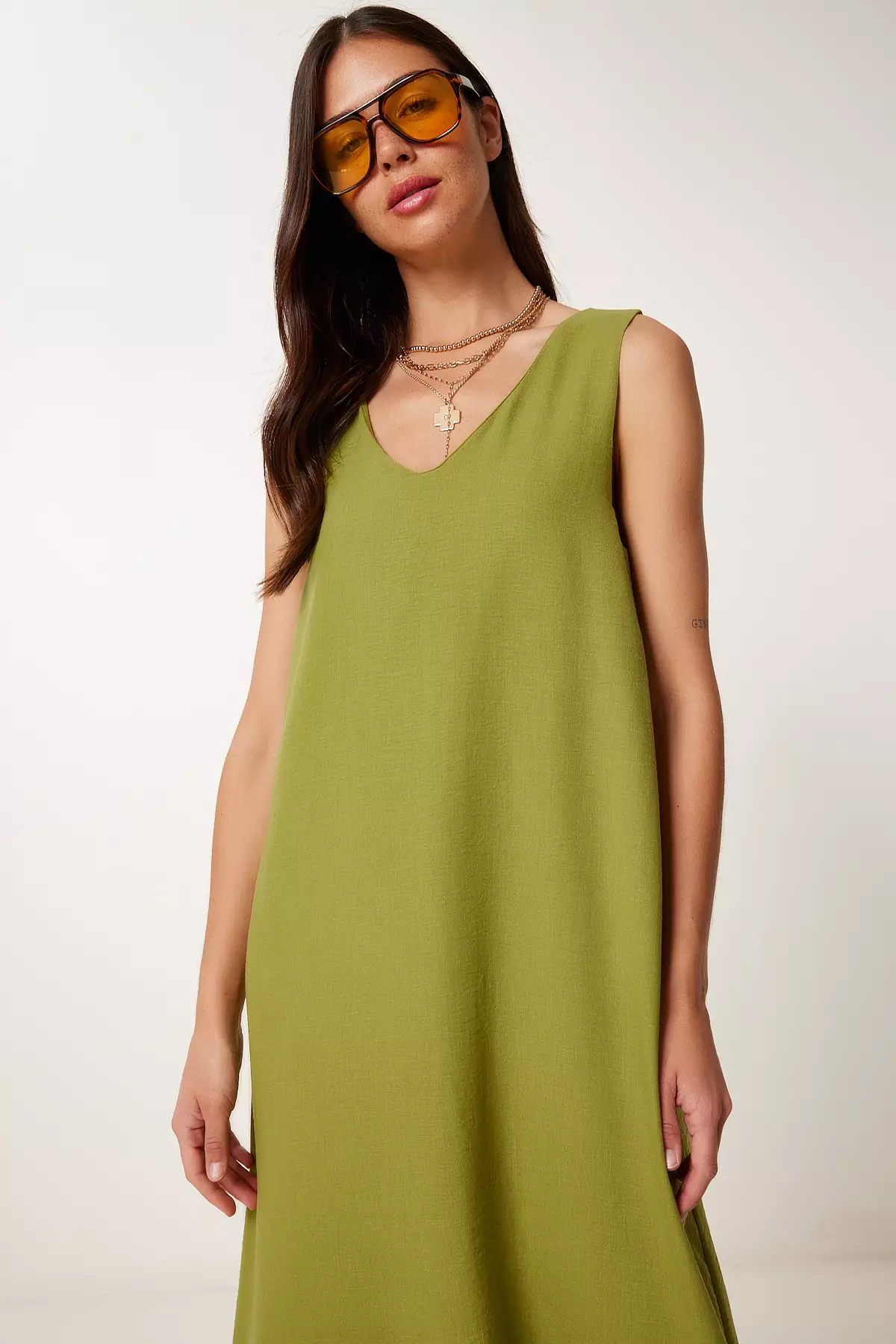 Women's Oil Green Sleeveless Basic Summer Linen Dress Dz00128
