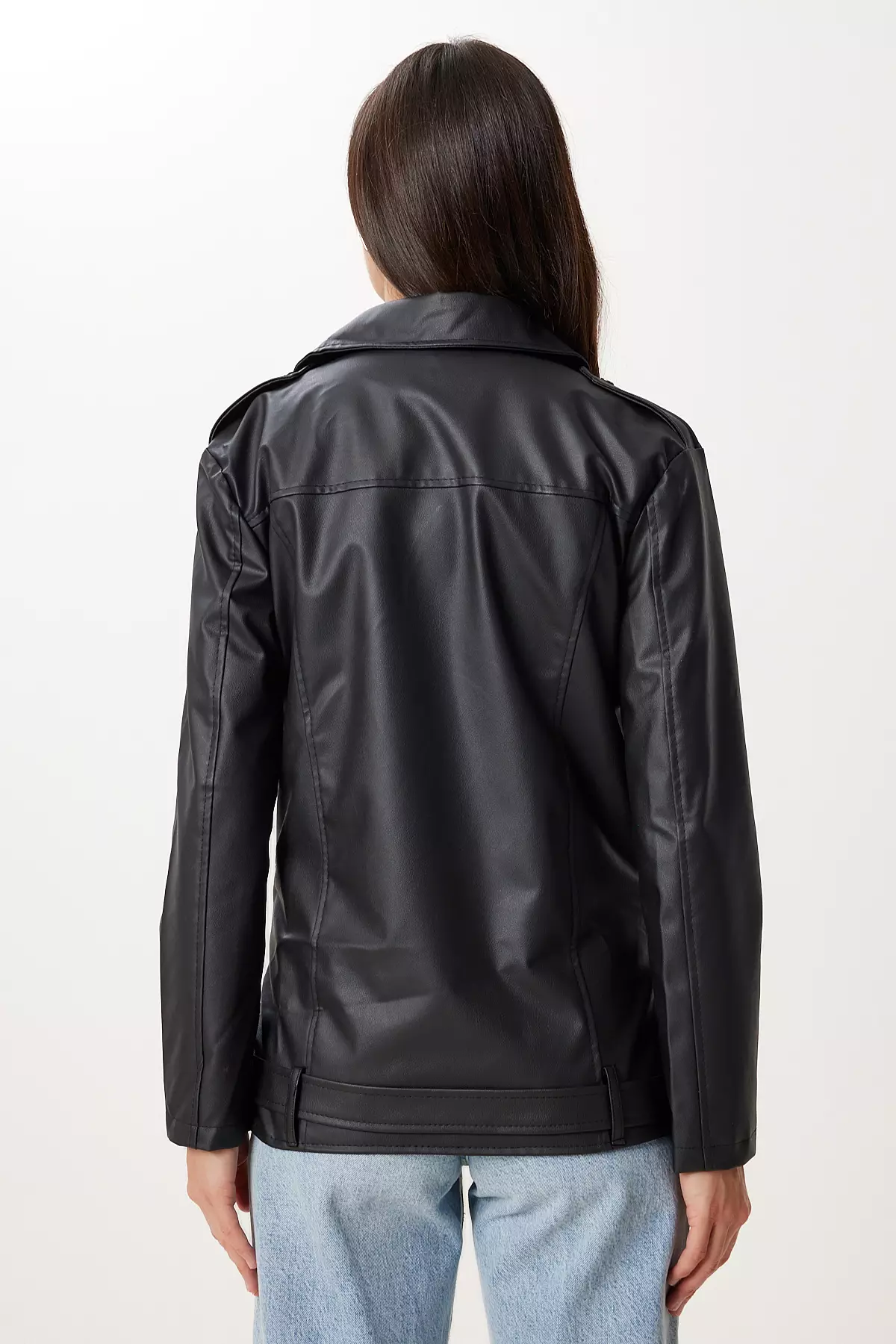 Women's Black Belted Faux Leather Jacket Gz00005