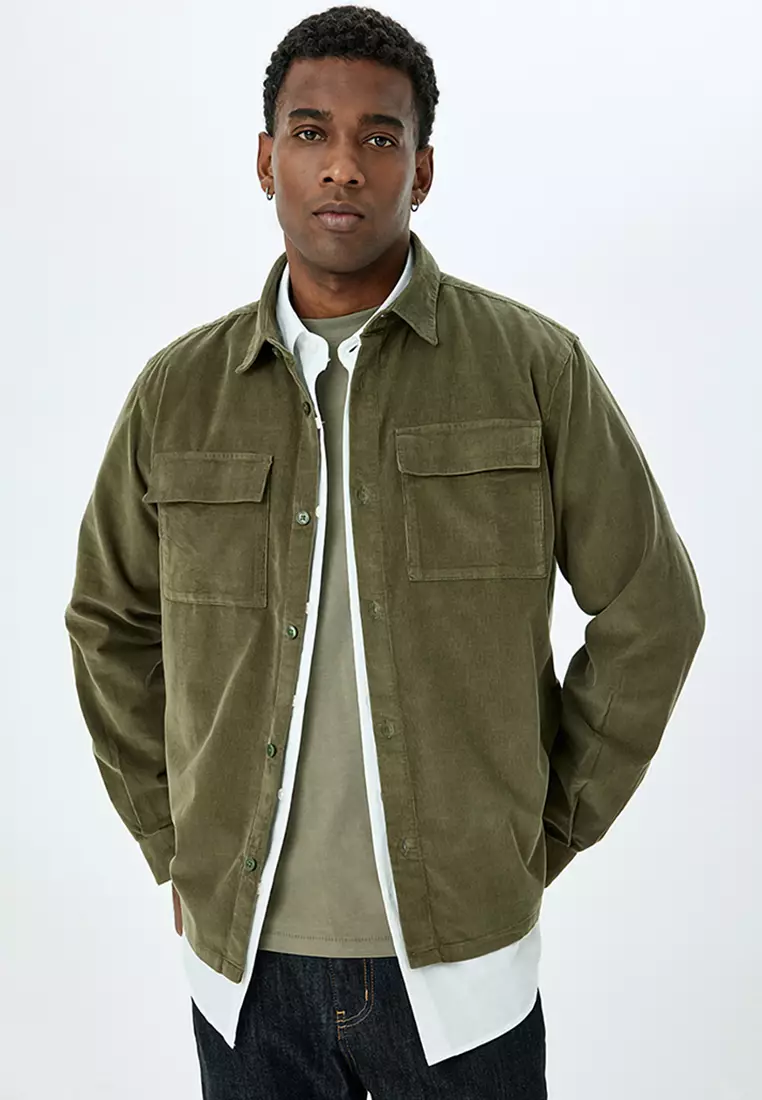 Buttoned Corduroy Jacket With Flap Pocket Detail