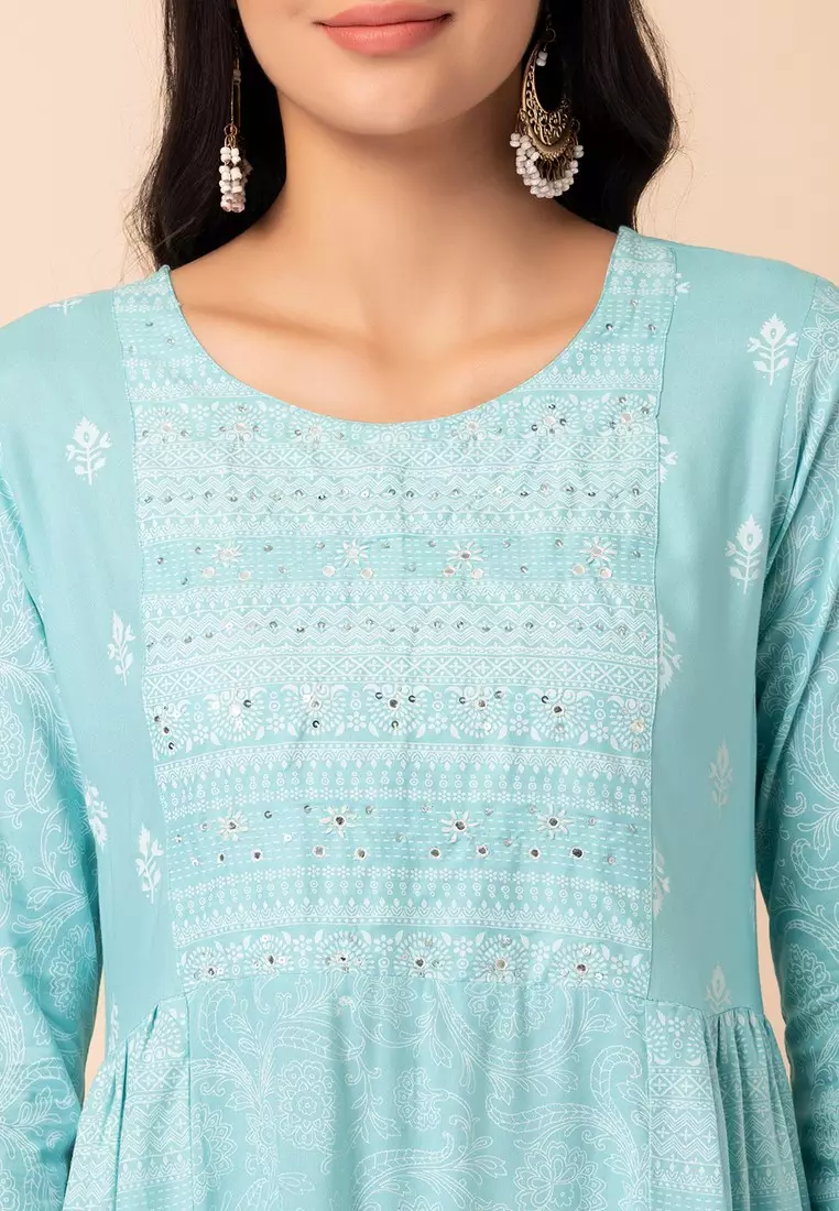 Light Blue Floral Print Rayon Tiered Dress