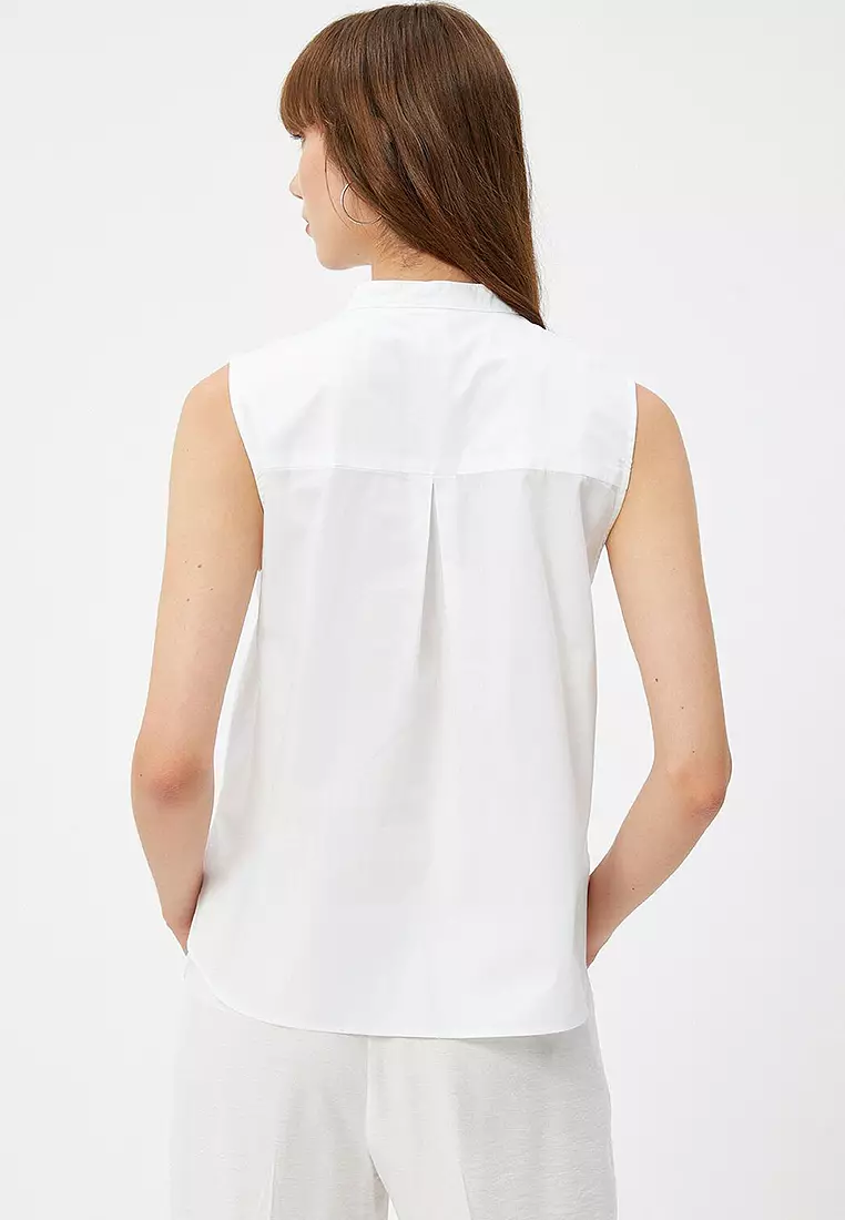 Large Collar Shirt Ribbed Hidden Buttons Sleeveless